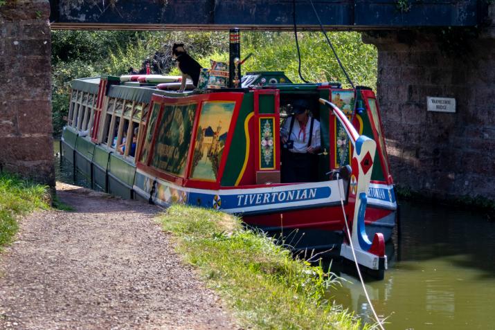 The canal boat moored below a bridge over the canal. A dog is sitting on top of the boat.