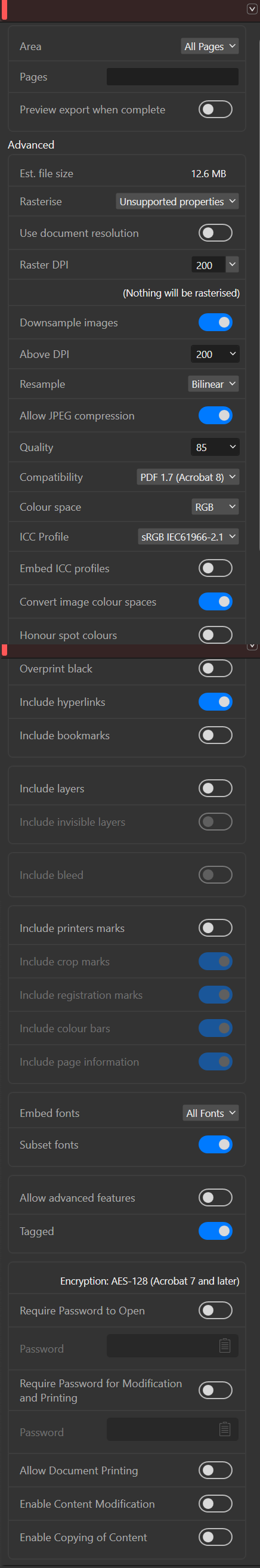 Affinity Export Dialog