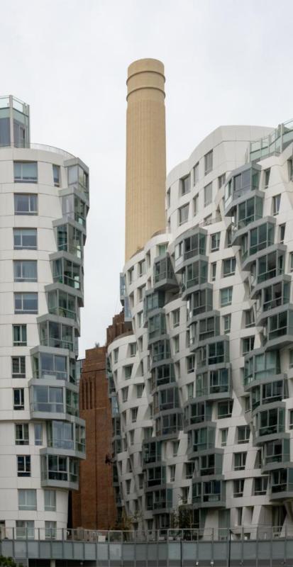 A view of Battersea Power Station peaking out from behind the Frank Gehry designed Prospect Place