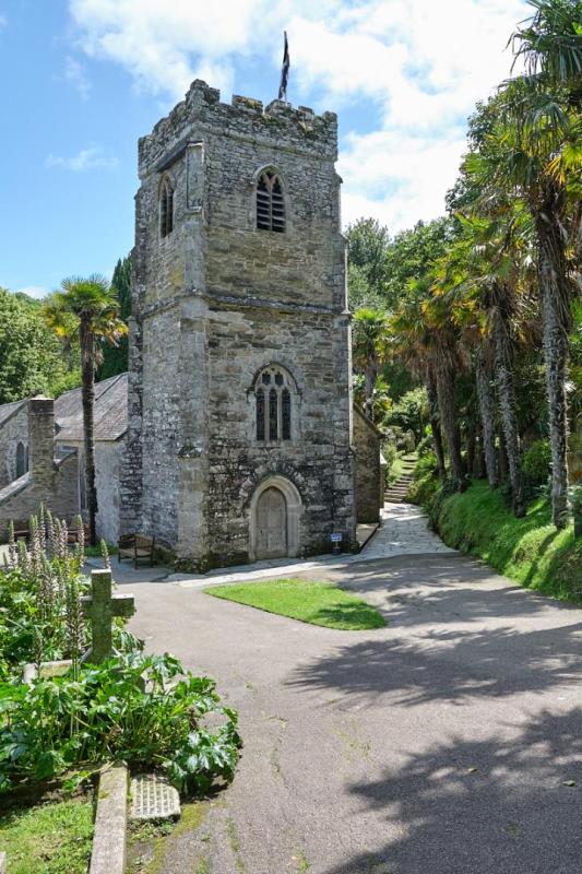 Image of the St Just-in-Roseland church tower on a sunny day
